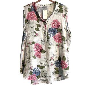 Made in Italy Sleeveless Floral Cotton Top Blouse. Size 1X Plus Size Semi-sheer